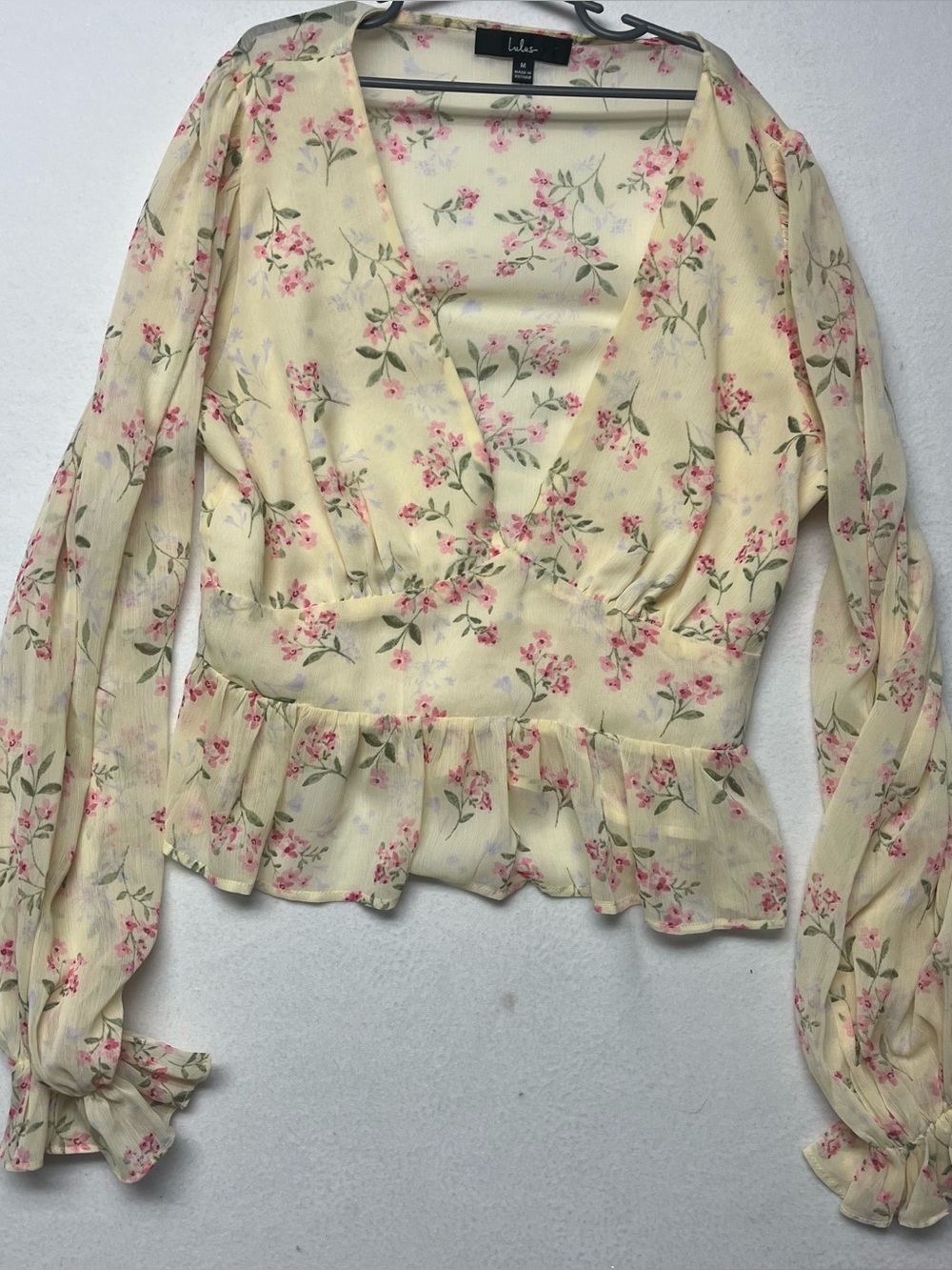 Lulus Floral Print Yellow Ruffle Boho Crop Top Women’s Size Medium Balloon
